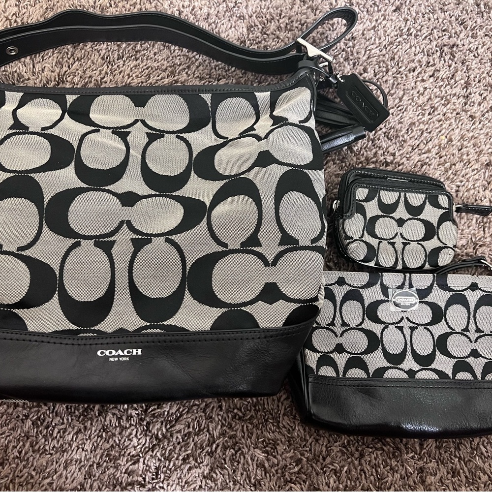 Coach Black and Gray Signature Bag Set